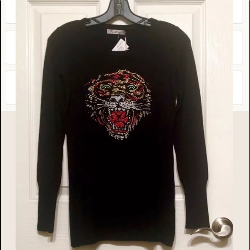 $325 ED HARDY ELEGANT BLACK SWEATER CRYSTAL TIGER